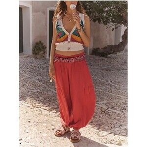 Pilcro Anthropologie Relaxed Linen Blend Smocked Waist Pull-On Pants XS boho 70s